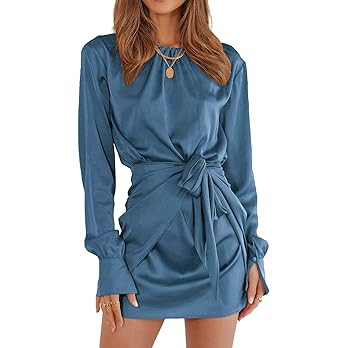 PRETTYGARDEN Women's 2022 Fall Satin Dress Long Sleeve Tie Waist Elegant Cocktail Party Mini Dres... | Amazon (US)