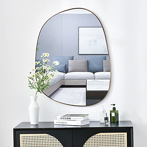 ELEHUME Asymmetrical Mirror for Wall Decor 27"*35", Modern Brass Framed Wall Mirror for Living Room Bathroom Bedroom Entryway ELE-STOU-0063G | Amazon (US)