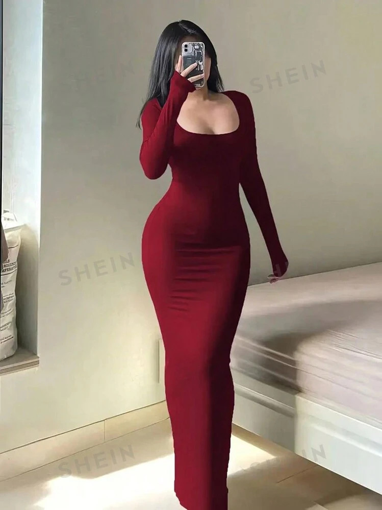INAWLY Women's Spring/Autumn Casual Solid Color Slim Fit Long Dress | SHEIN