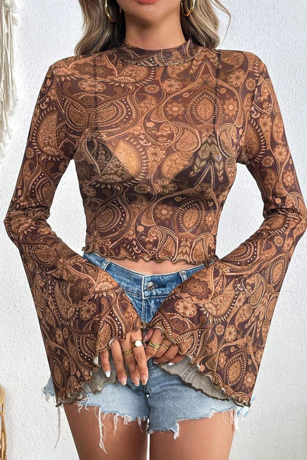 PREORDER: Saylor Mock Neck Flared Sleeve Top | Willow Boutique