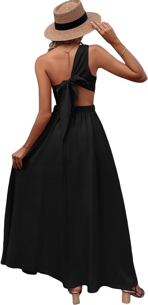 MakeMeChic Women's One Shoulder Sleeveless Cut Out Tie Back A Line Split Long Maxi Dress | Amazon (US)
