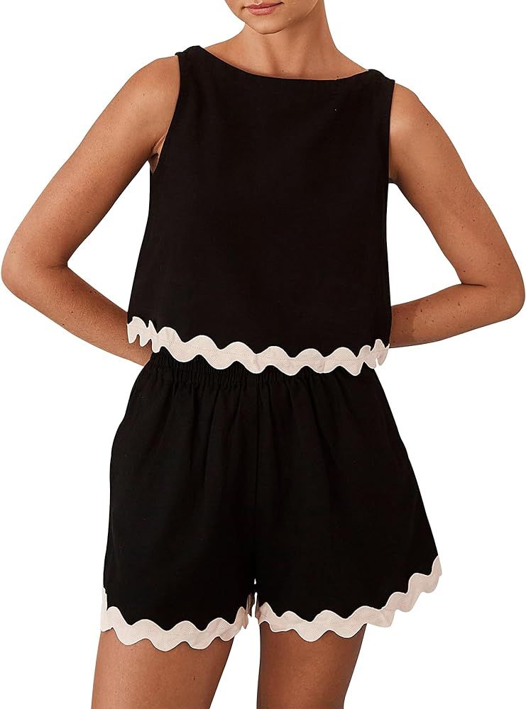 ZESICA Women's 2024 Summer 2 Piece Outfits Set Linen Lace Trim Crewneck Tank Crop Top and Shorts ... | Amazon (US)