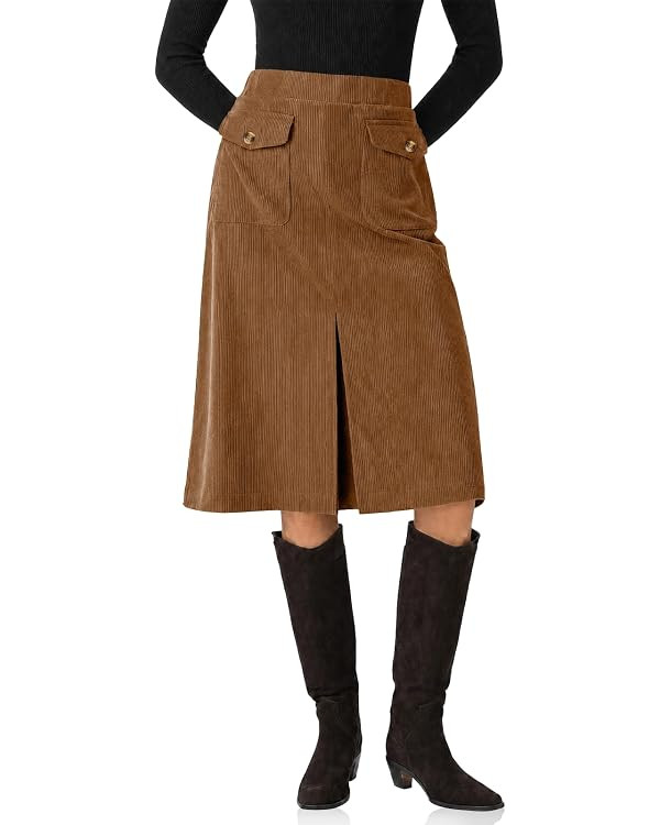 Cicy Bell Women Corduroy Midi Skirt Fall A-Line Front Slit Skirts | Amazon (US)
