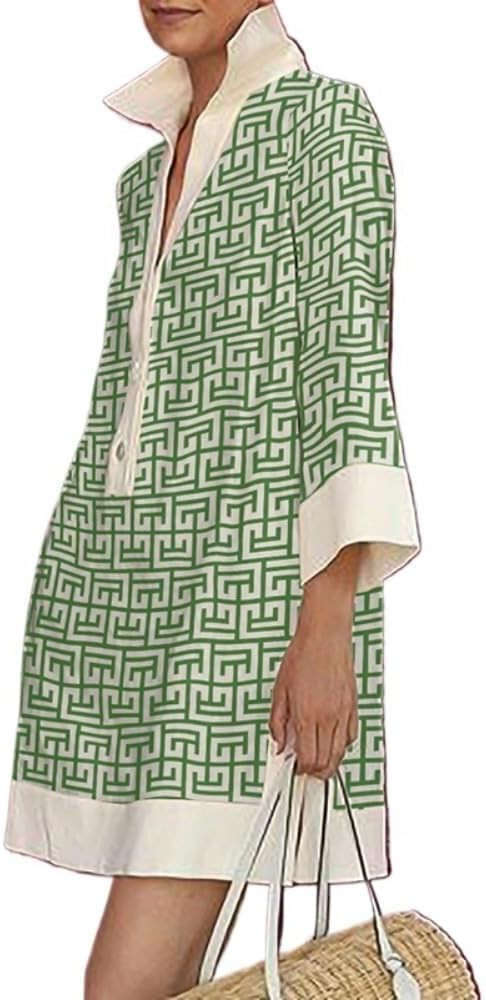 UOOZEE Summer Dresses for Women Casual Shirt Dress 3/4 Quarter Long Sleeve Printed Work Dress | Amazon (US)