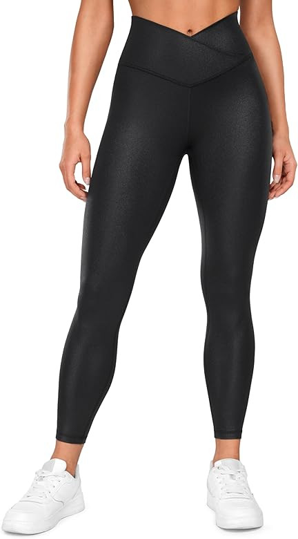 CRZ YOGA Womens Butterluxe Matte Faux Leather Cross Waist Leggings 25" - V Crossover High Waisted... | Amazon (US)