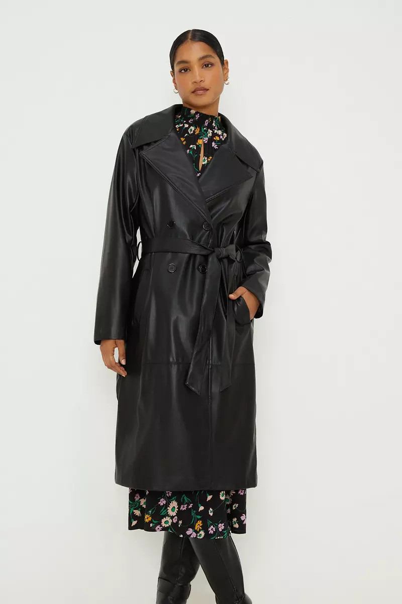 Faux Leather Longline Trench Coat | Debenhams UK