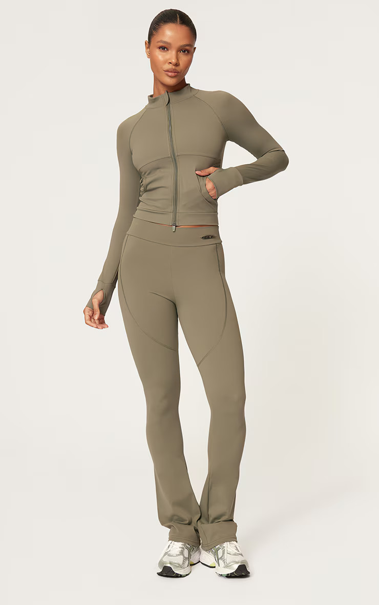 Olive Sculpt Pocket Front Double Zip Up Jacket | PrettyLittleThing US