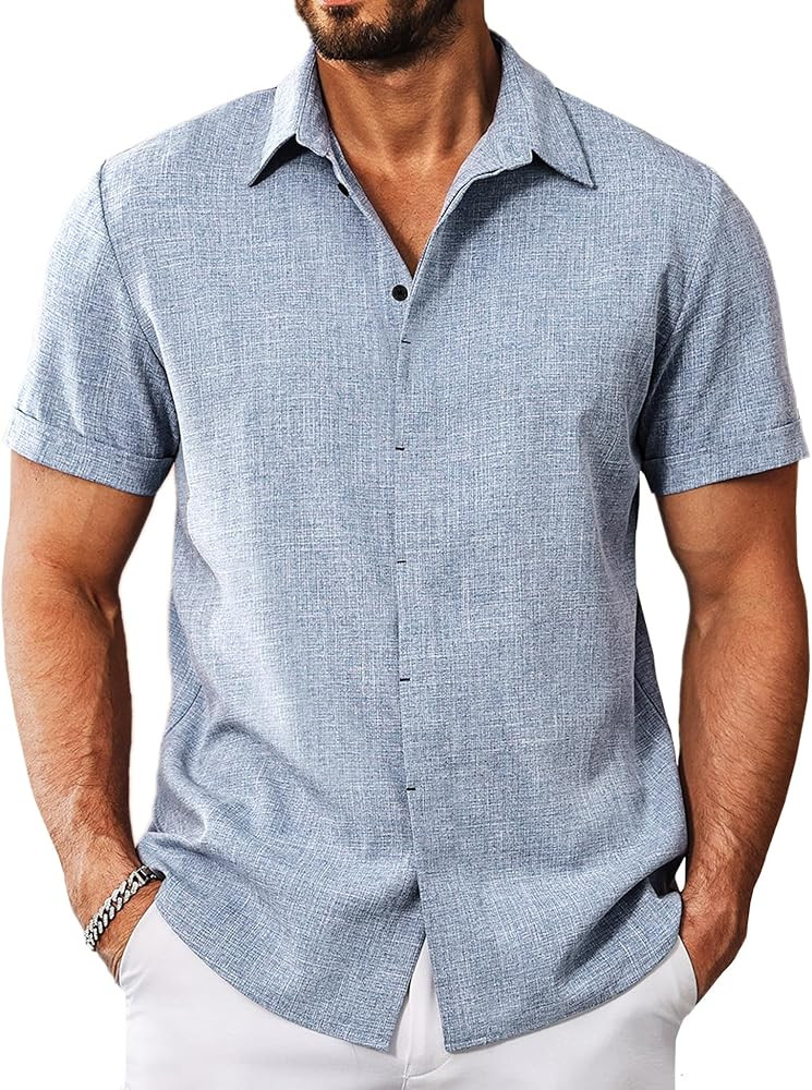 Men's Linen Shirts Short Sleeve Casual Button Down Shirt for Men Summer Beach Vacation Shirt | Amazon (US)