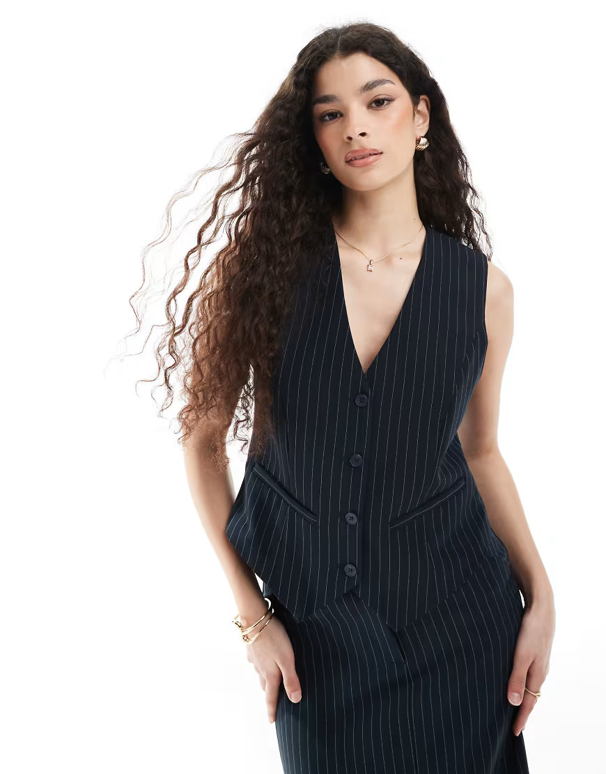 Pieces tailored vest in navy pinstripe - part of a set | ASOS (Global)