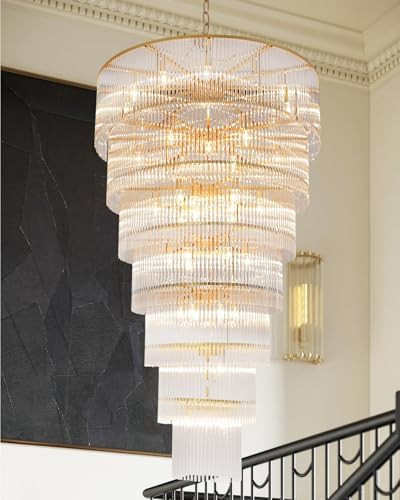 Large Gold Chandeliers H68 Modern High Ceiling Chandelier 7-Tier Glass Chandelier Foyer Entryway ... | Amazon (US)