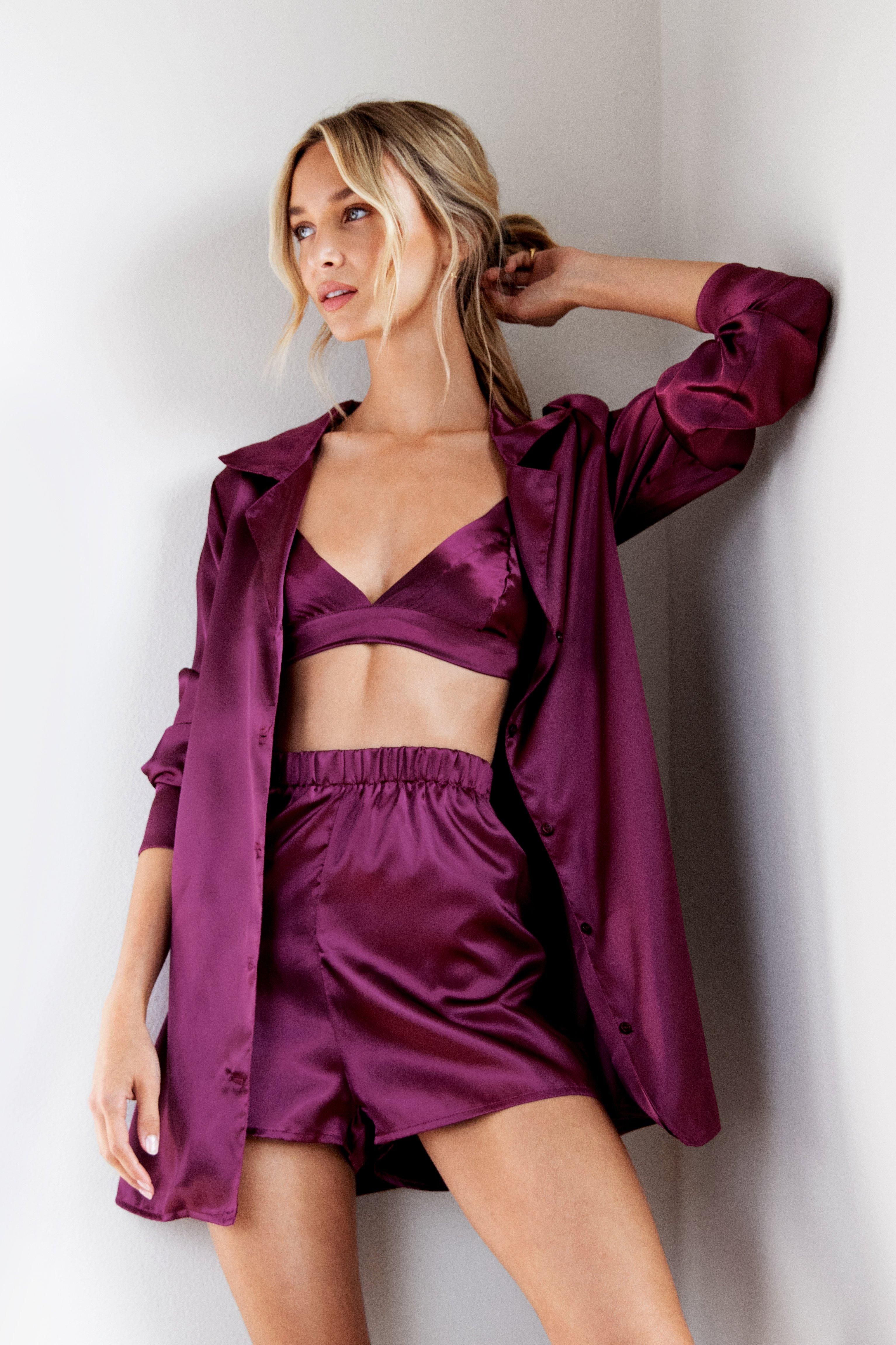 Oversized Satin 3 Pc Pajama Shorts Set | Nasty Gal (US)