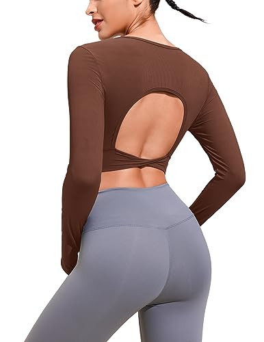 PINSPARK Long Sleeve Crop Top Ribbed Workout Tops Open Back Yoga Shirts Twist Knot Cropped T-Shir... | Amazon (US)