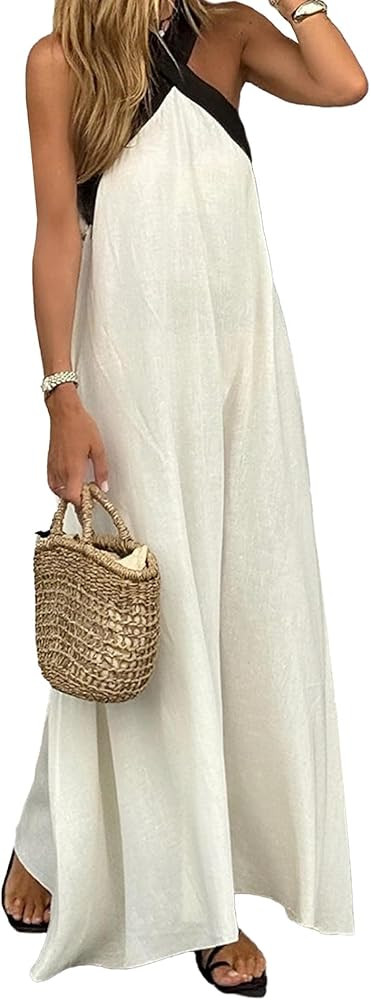 SOMTHRON Women's Criss Cross Halter Neck Maxi Dress Sleeveless Boho Cotton Linen Flowy Long Dress | Amazon (US)