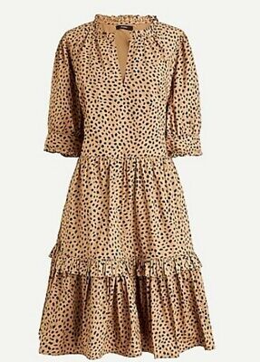 NWT J Crew Ruffleneck Tiered Cotton Popover Dress in Leopard Dot XS Camel Black | eBay US