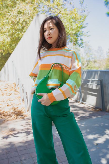 Sweater weather with the super cute knitted crewneck sweater from Peppermayo and Riley Hubatka collection. Perfect green and orange contrast combo for fall 🍂🍁 style with Hunter green pants from Rihoas 💚

#LTKstyletip #LTKHoliday #LTKSeasonal