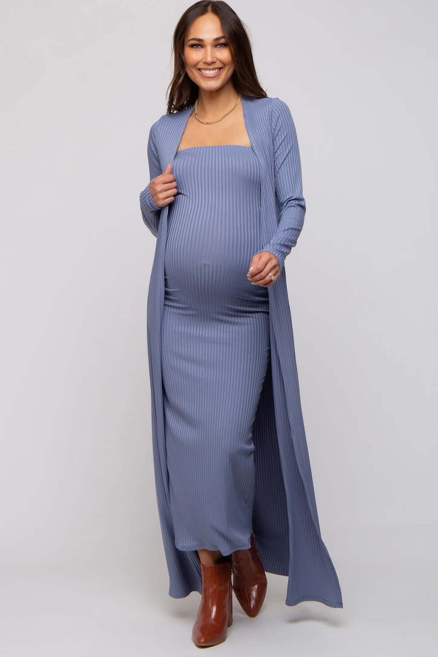 Blue Ribbed Sleeveless Dress Cardigan Maternity Set | PinkBlush Maternity