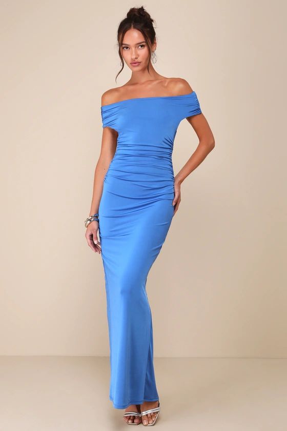 Blue Off-the-Shoulder Backless Maxi Dress | Cocktail Wedding Guest Dress | Lulus