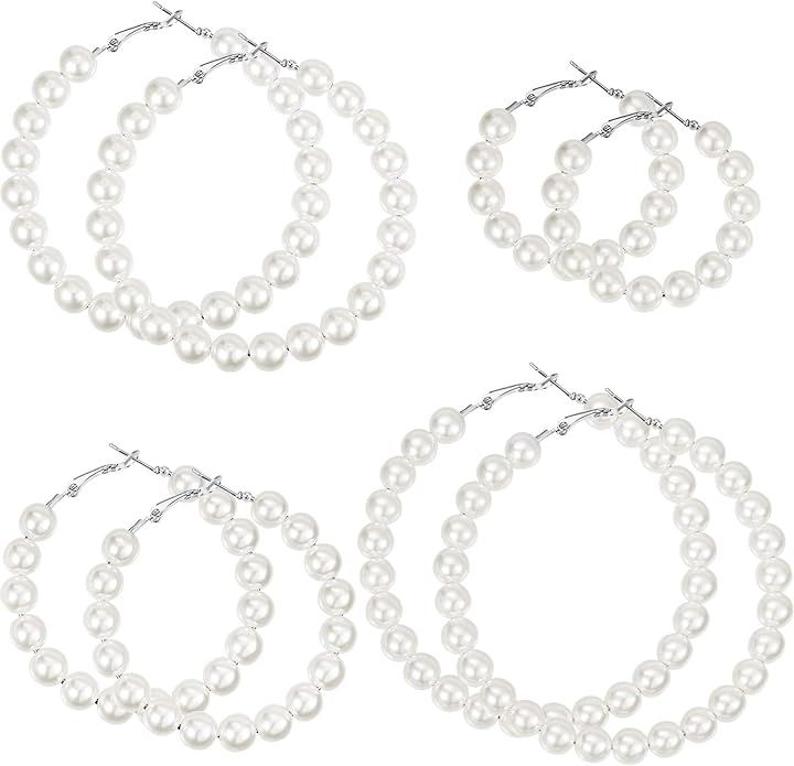 4 Pairs Faux Pearl Hoop Earrings for women Circle Dangle Drop Earrings Artificial Pearl Beaded Ea... | Amazon (US)