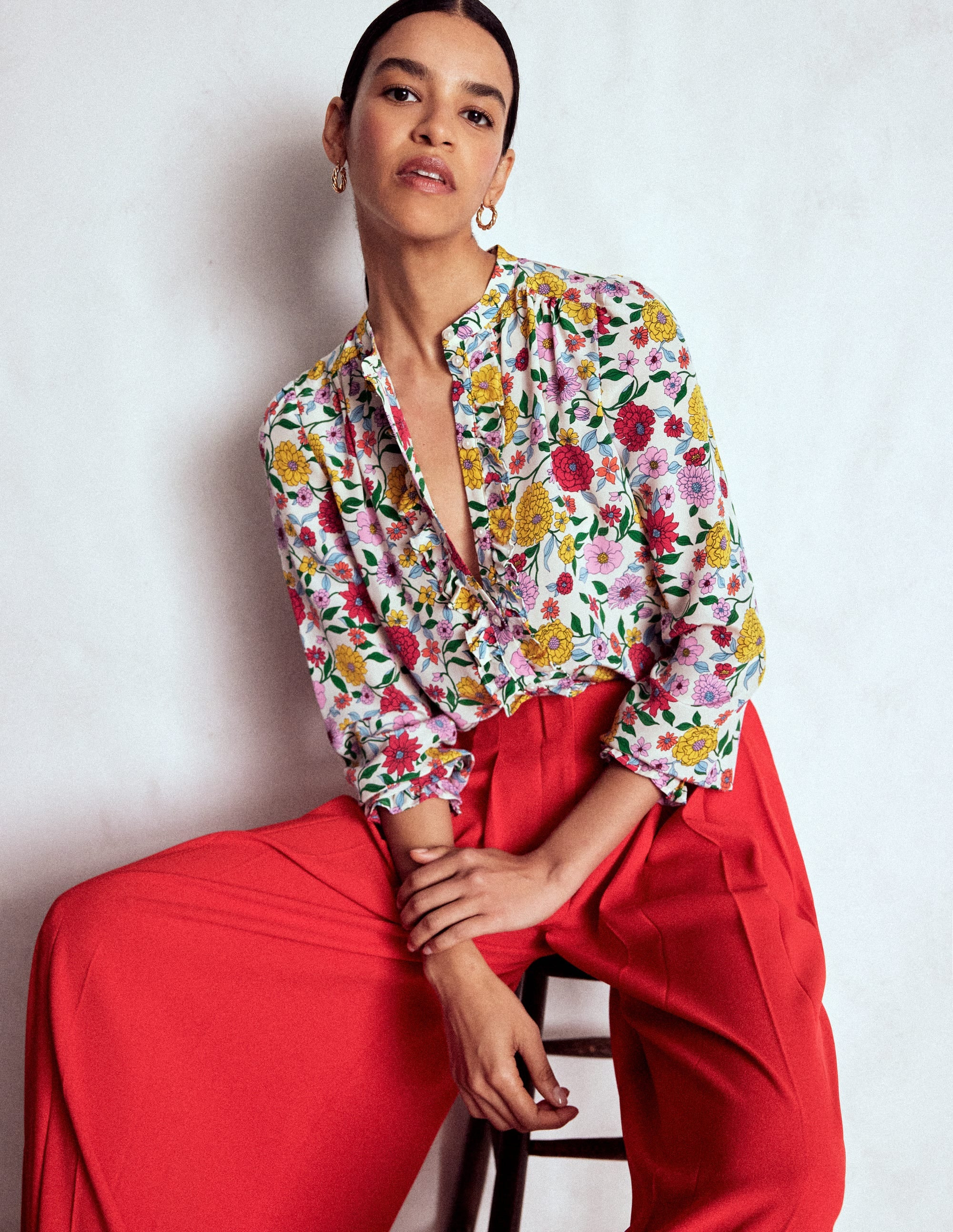 Alice Frill Front Silk Top-Multi, Dahlia Trail | Boden (US)