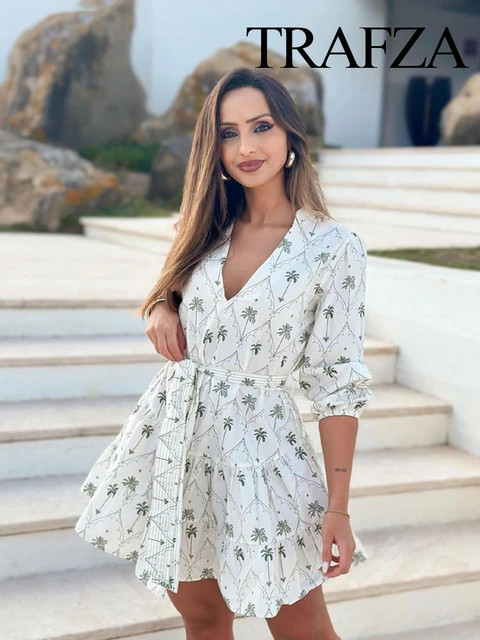 TRAFZA Female Summer Casual Print Pleated Short Sleeved Dress Woman Fashion Elegant Boho Bow Deco... | AliExpress (US)