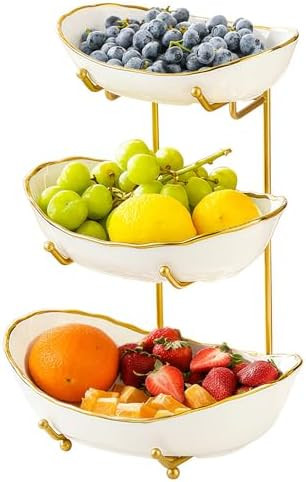 Ceramic Fruit Bowl for Kitchen Counter - 3 Tier Fruit Basket with Metal Stand, Tiered Fruit Stand... | Amazon (US)