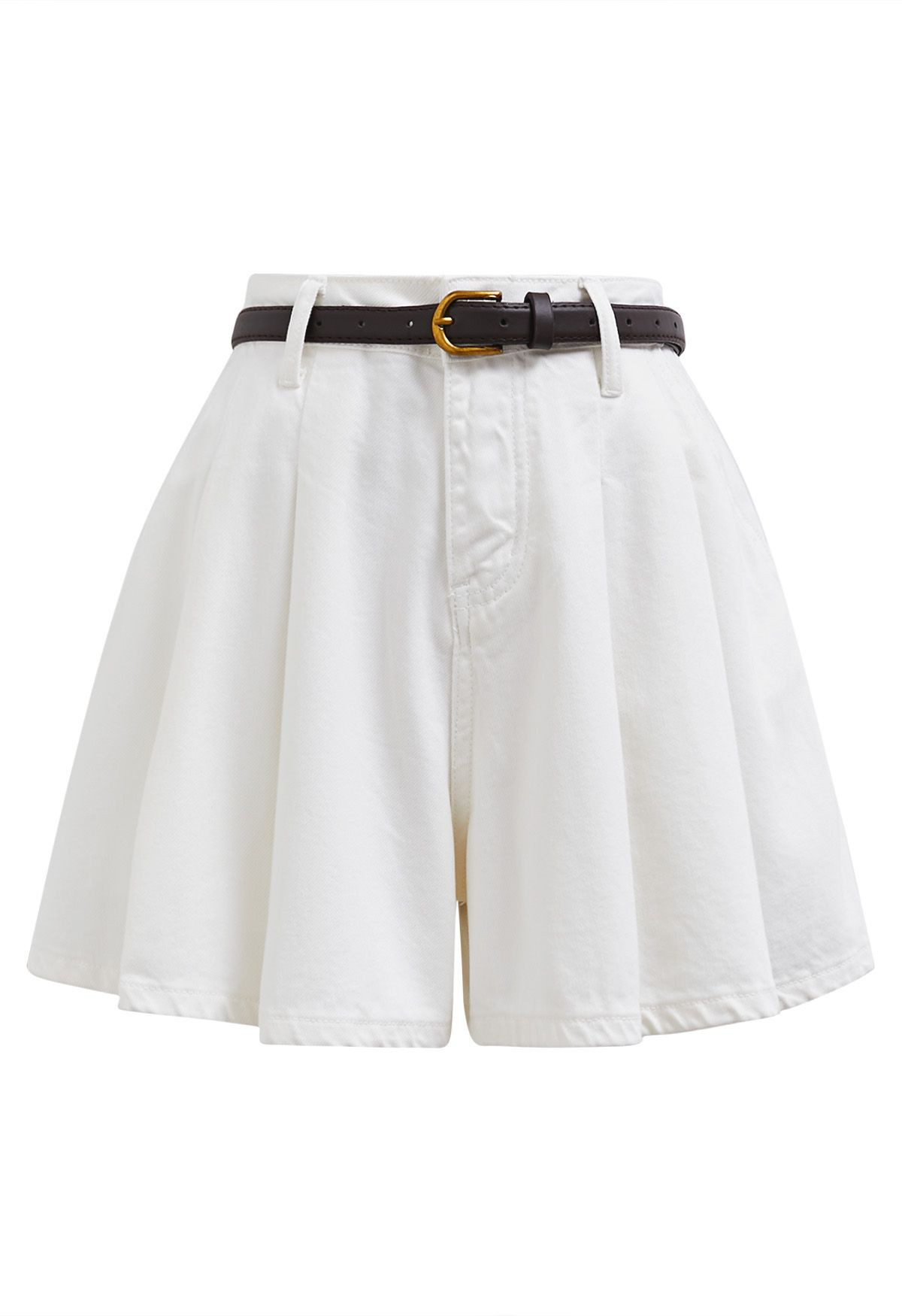Summer Staple Pleated Belt Denim Shorts in White | Chicwish