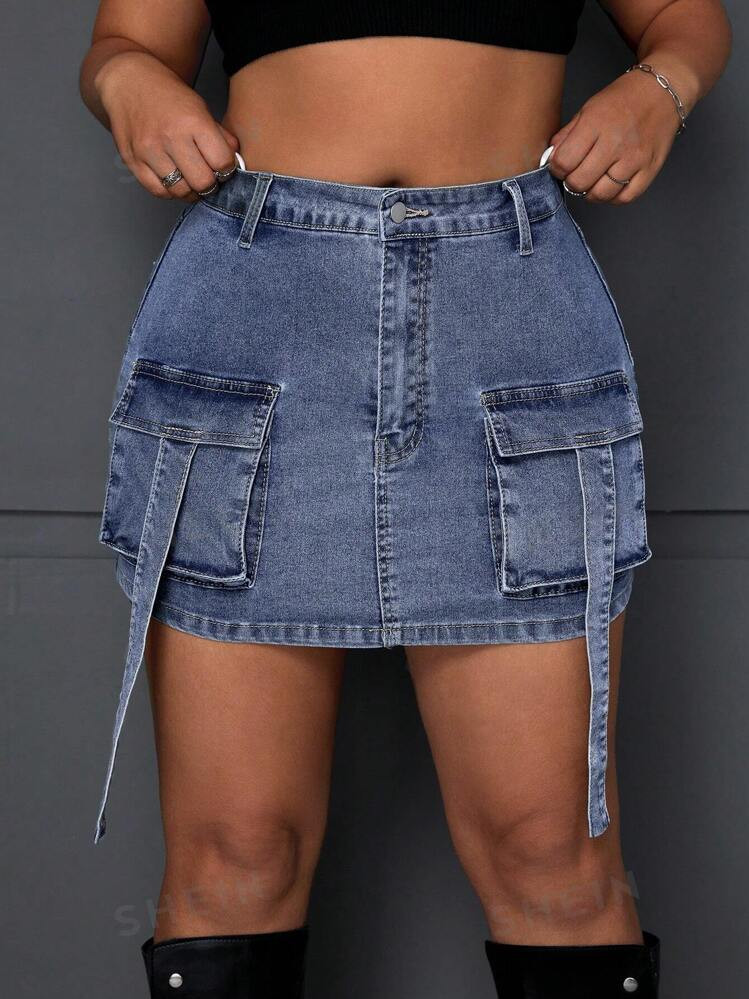 SHEIN ICON Plus Size Solid Color Denim Skirt With Pockets And Zipper, Summer | SHEIN USA | SHEIN