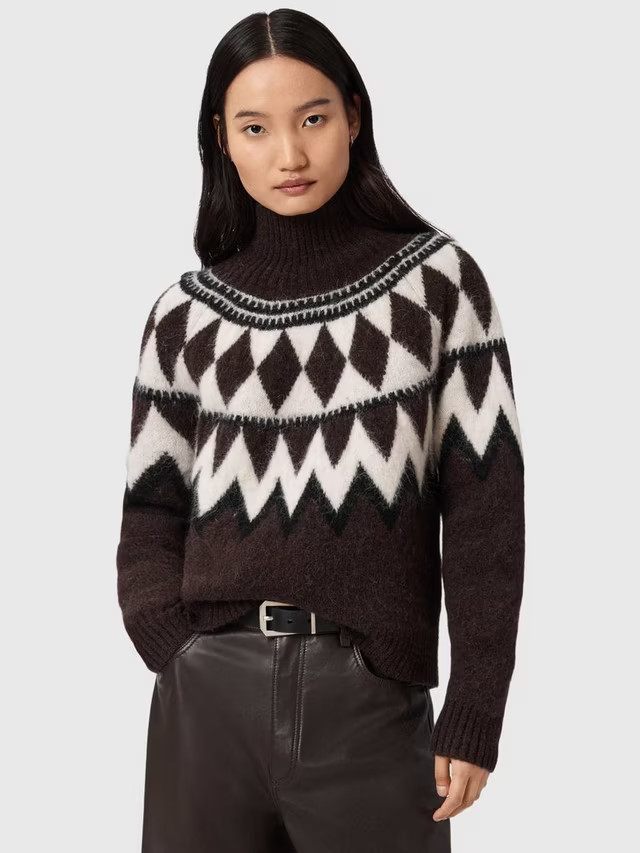 AllSaints Tara Argyle Fair Isle Wool Rich Jumper, Oxblood Red | John Lewis (UK)