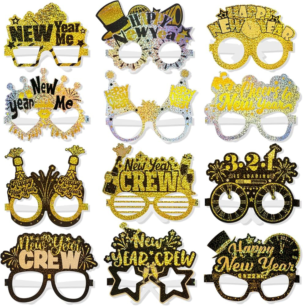 HOWAF 24 Pack Happy New Year Eyeglasses Funny Glitter 2025 New Year's Eve Party Photo Props Glass... | Amazon (US)