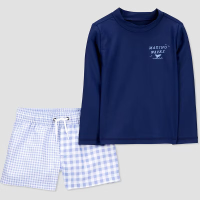 Carter's Just One You®️ Toddler Boys' Long Sleeve Gingham Checkered Rash Guard Set - Blue/Navy Blue 3T | Target