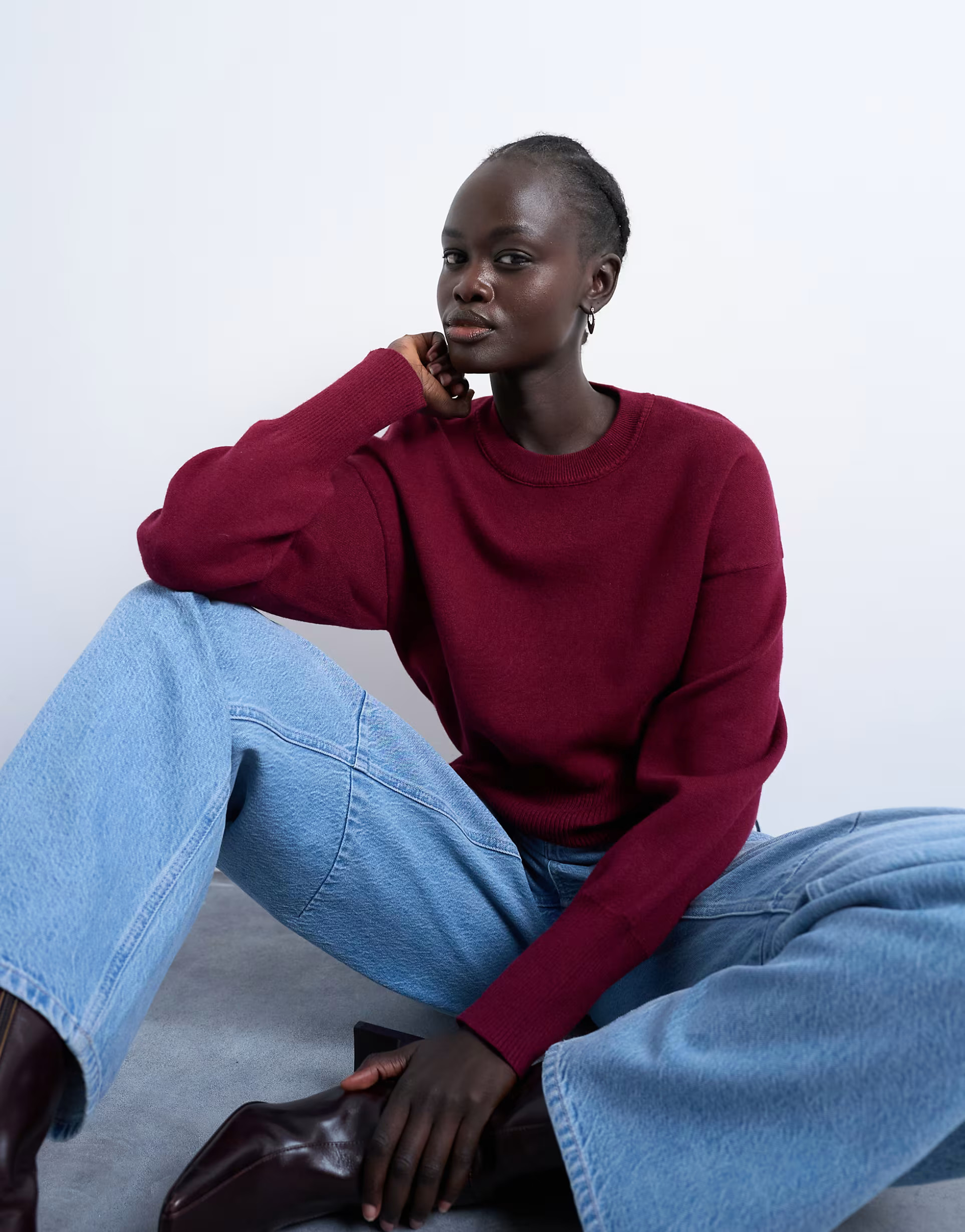 Topshop knitted compact fitted waist jumper in burgundy | ASOS | ASOS (Global)