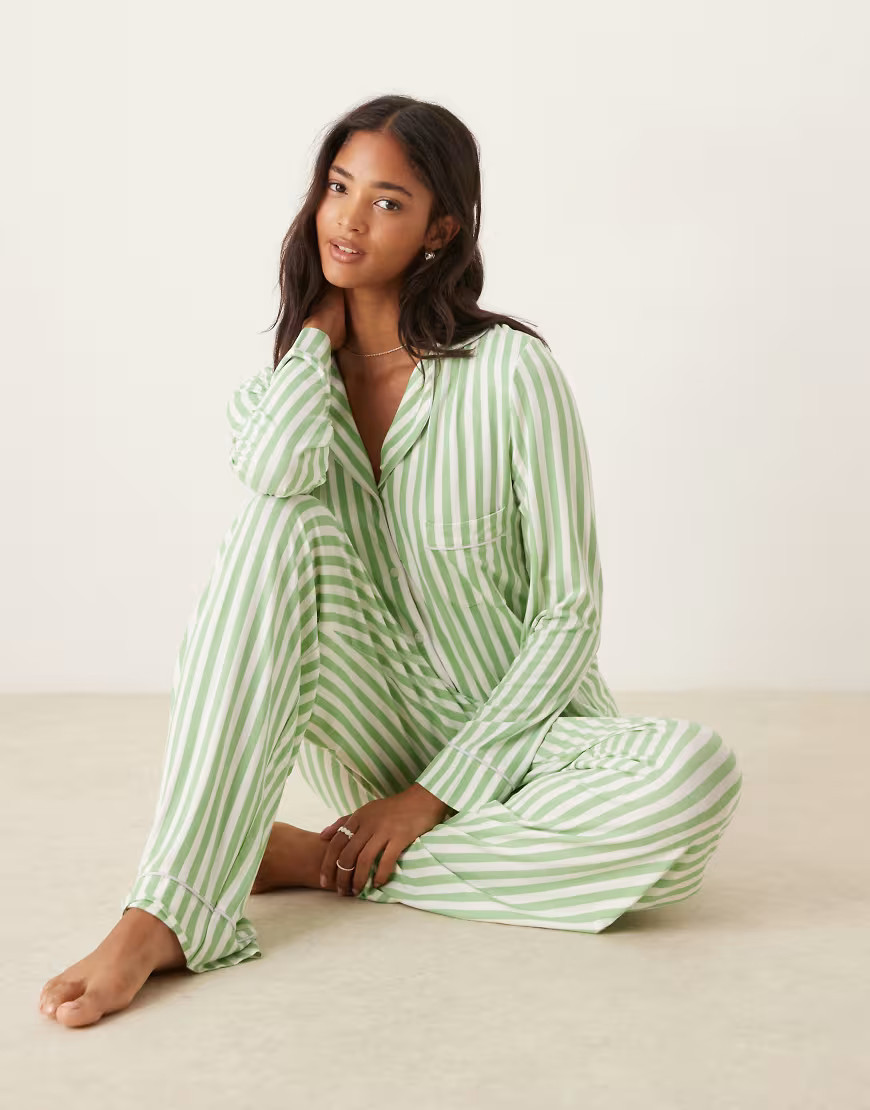 ASOS DESIGN long sleeve super soft pajama set in green stripe & lilac contrast piping-Multi | ASOS (Global)