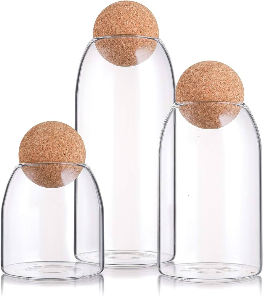 Suwimut 3 Pack Glass Storage Jar with Ball Cork Lid, 17oz/30oz/40oz Cork Glass Bottle, Cute Decor... | Amazon (US)
