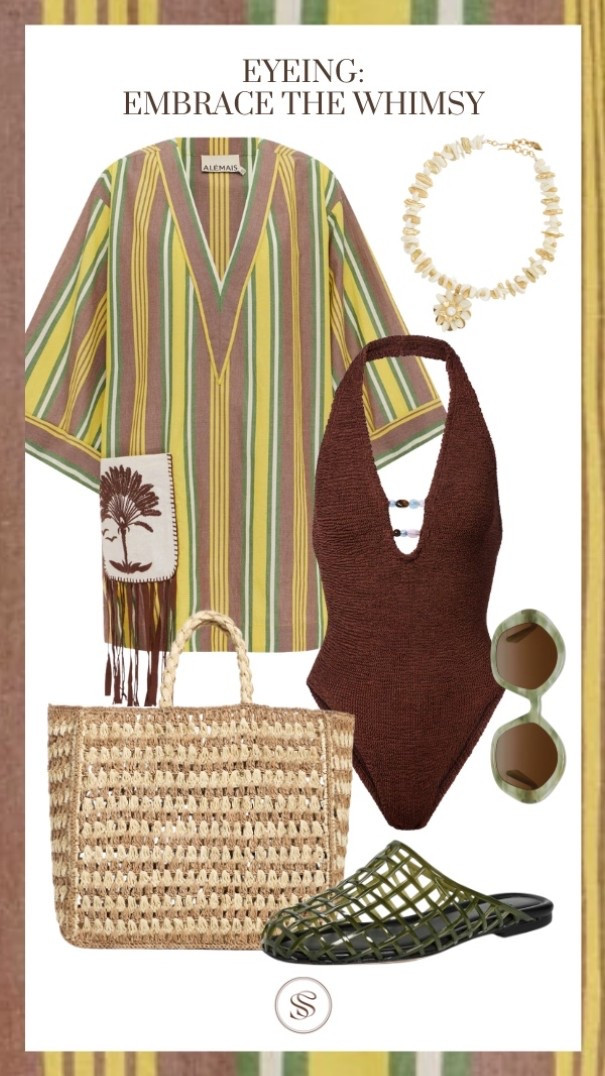 Swim
Coverup 
One piece
Beach bag
Straw bag
Jellies