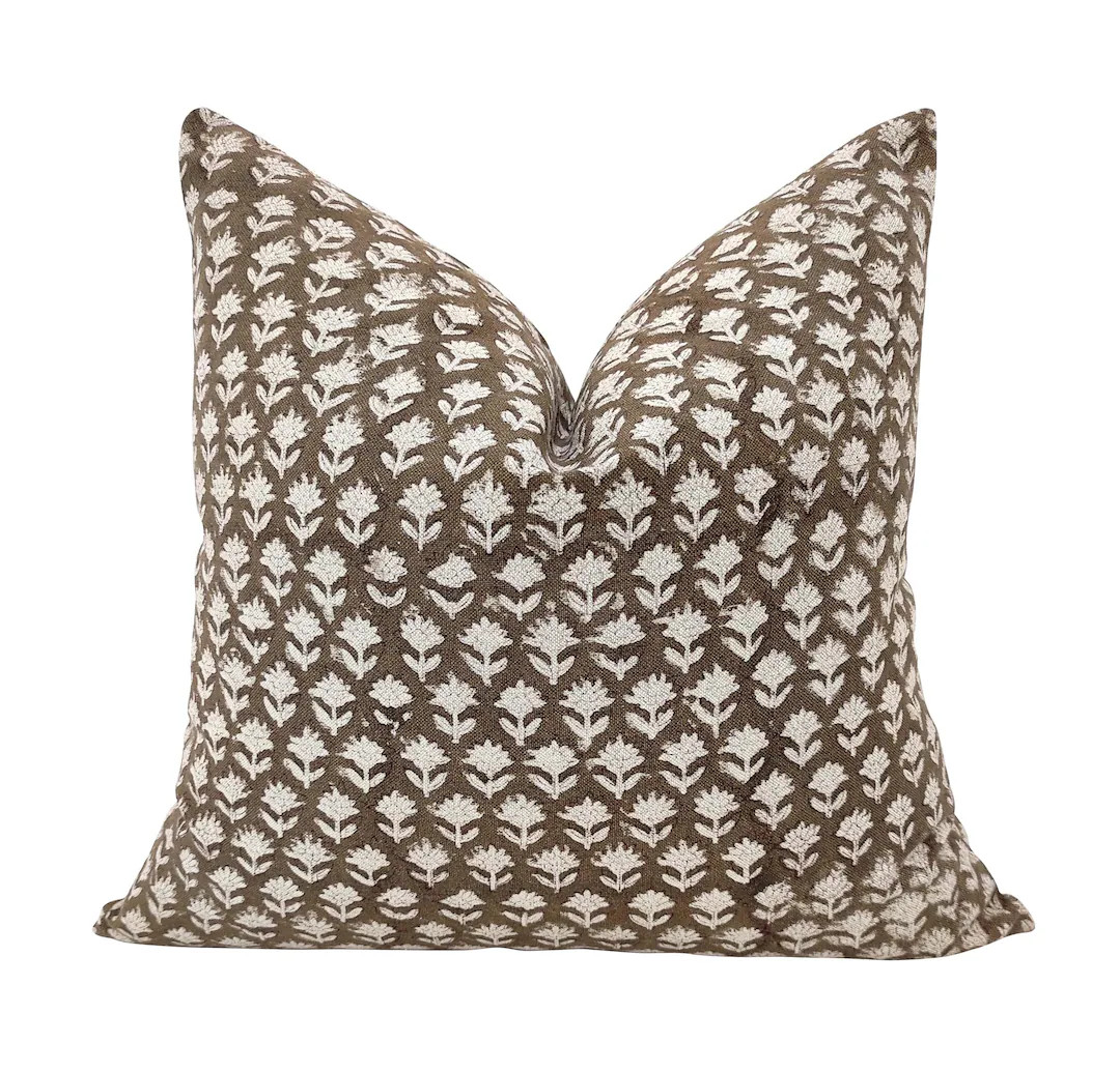 OPAL | Designer brown Floral Natural cotton Pillow Cover,Block Print Pillow, Modern Farmhouse Pil... | Etsy (US)