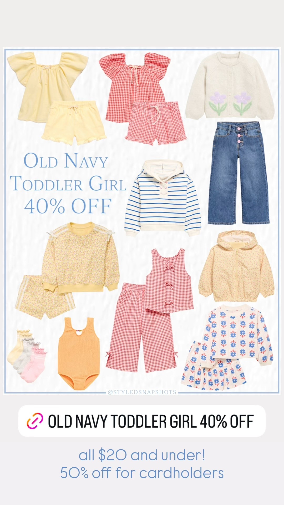 Old navy toddler girls 40% off finds! Everything $20 and under & cardholders get 50% off 

#LTKFindsUnder50 #LTKKids #LTKSaleAlert