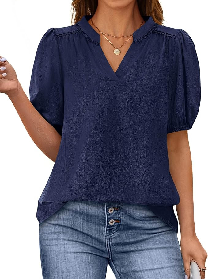 PRETTYGARDEN Cotton V Neck Short Puff Sleeve Loose Dressy T Shirts Tops Blouses | Amazon (US)