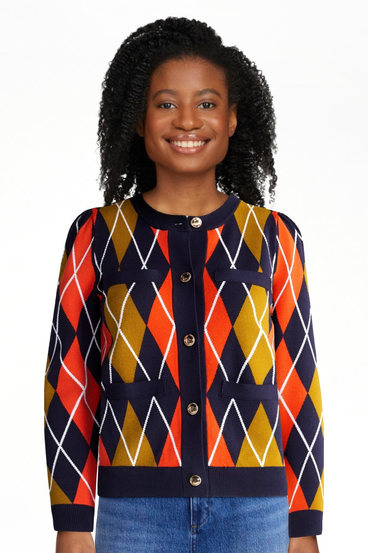 Free Assembly Women's and Women's Plus Argyle Cardigan Sweater with Puff Sleeves, Midweight, Size... | Walmart (US)