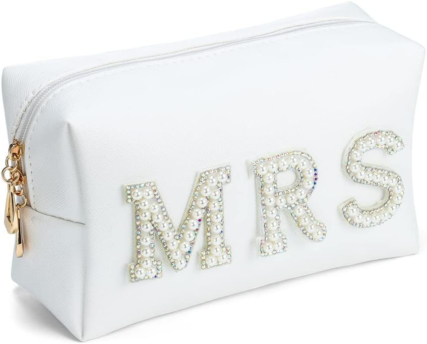 skonhed MRS Makeup Bag, Pearl Rhinestone Letter Patch Cosmetic Bag for Women Girls, PU Leather Wa... | Amazon (US)