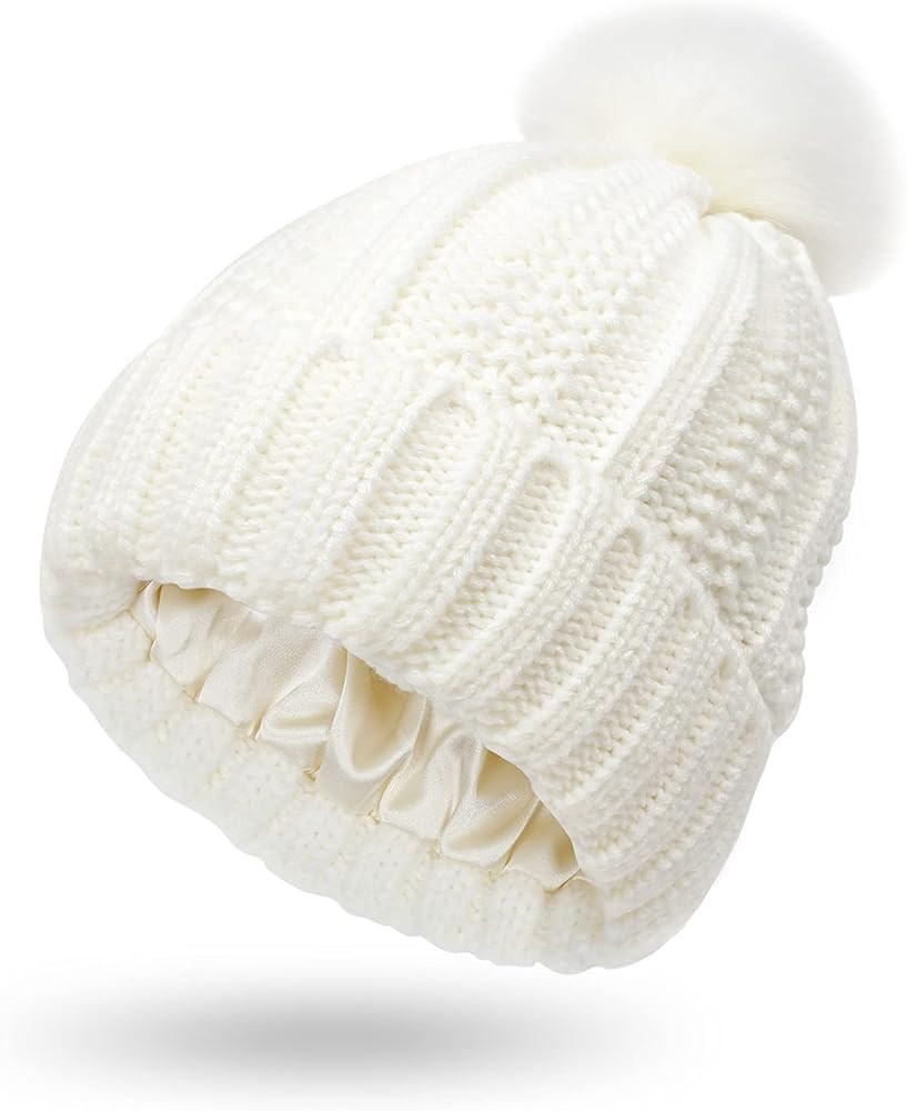Muryobao Womens Satin Lined Winter Beanie Hat with Faux Fur Pom Cuffed Warm Knit Skull Cap | Amazon (US)