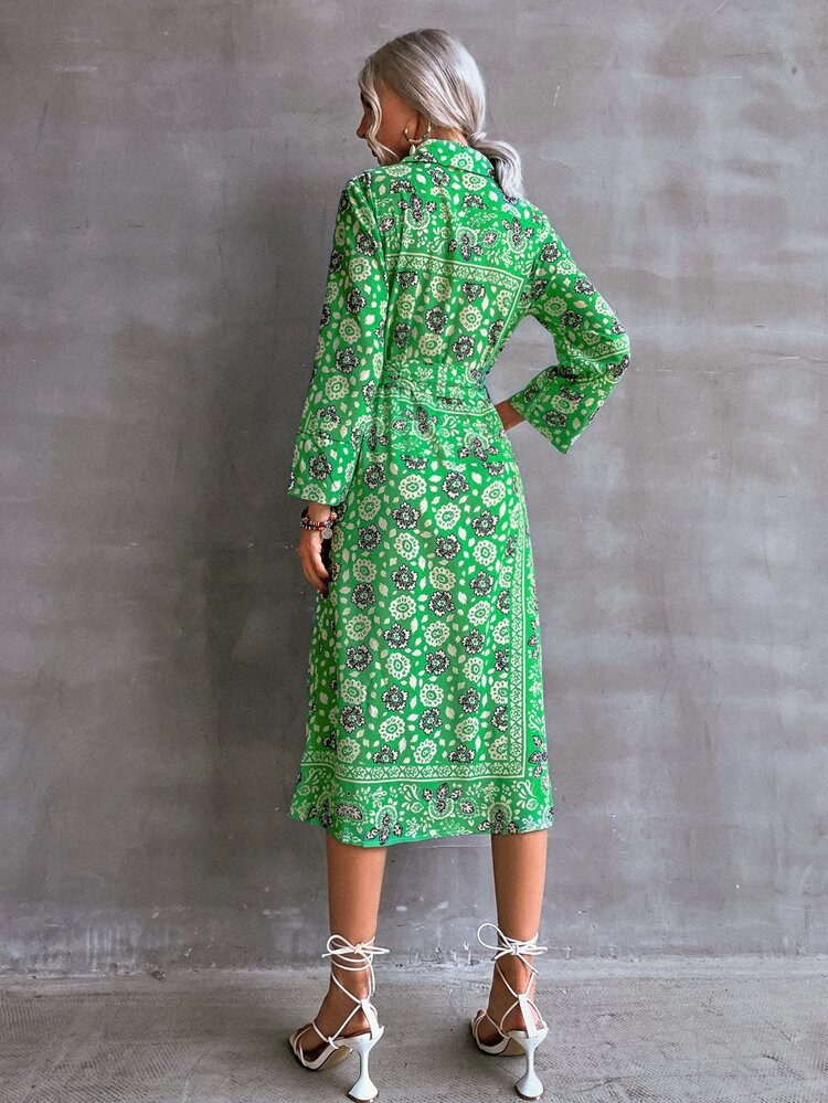 Floral Print Button Front Belted Shirt Dress | SHEIN