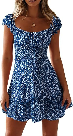 YOBECHO Womens Summer Sexy Sweetheart Collar Printed Ruffle Mini Dress Blue at Amazon Women’s C... | Amazon (US)