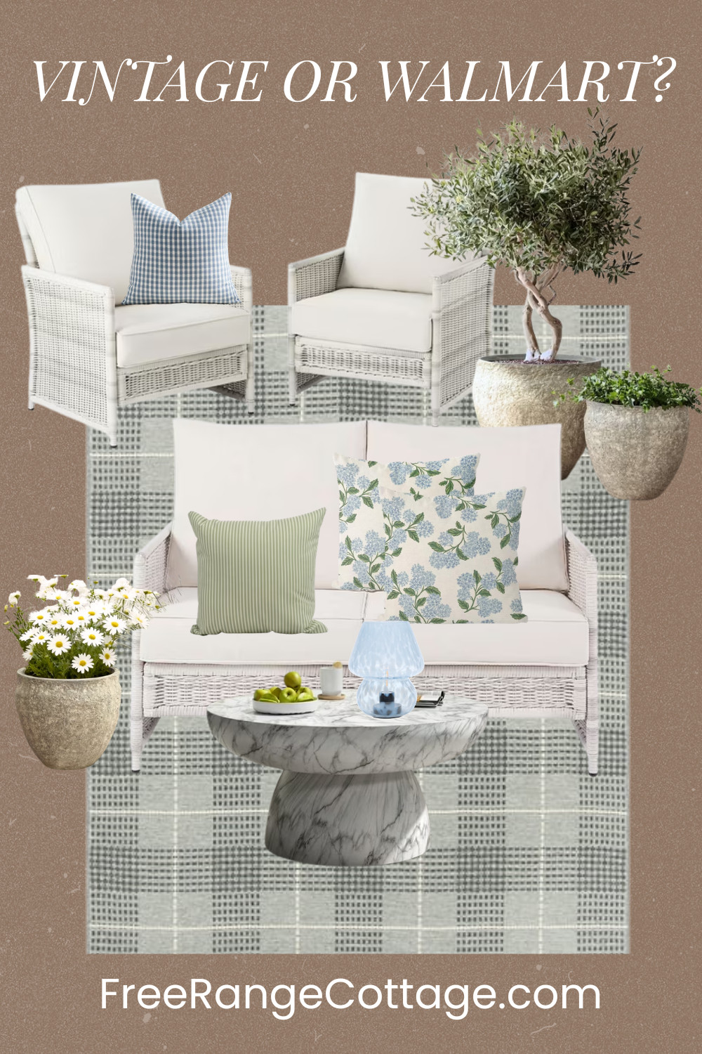 This patio setup stopped me in my tracks — and then I found out it's from Walmart. 😳 The wicker lounge chairs? Walmart. The loveseat? Walmart. And yes, that rug that looks like it came from a boutique? Also Walmart. I styled it with a few vintage-inspired finds to show you exactly how to make new furniture look like it has a story. Full source list linked — including that marble coffee table that looks like it costs $800. 🤍 #FreeRangeCottage #VintageOrWalmart #PatioDecor #OutdoorLiving #WalmartFinds #CottageStyle #AffordableDecor 

 #LTKSeasonal #LTKHome