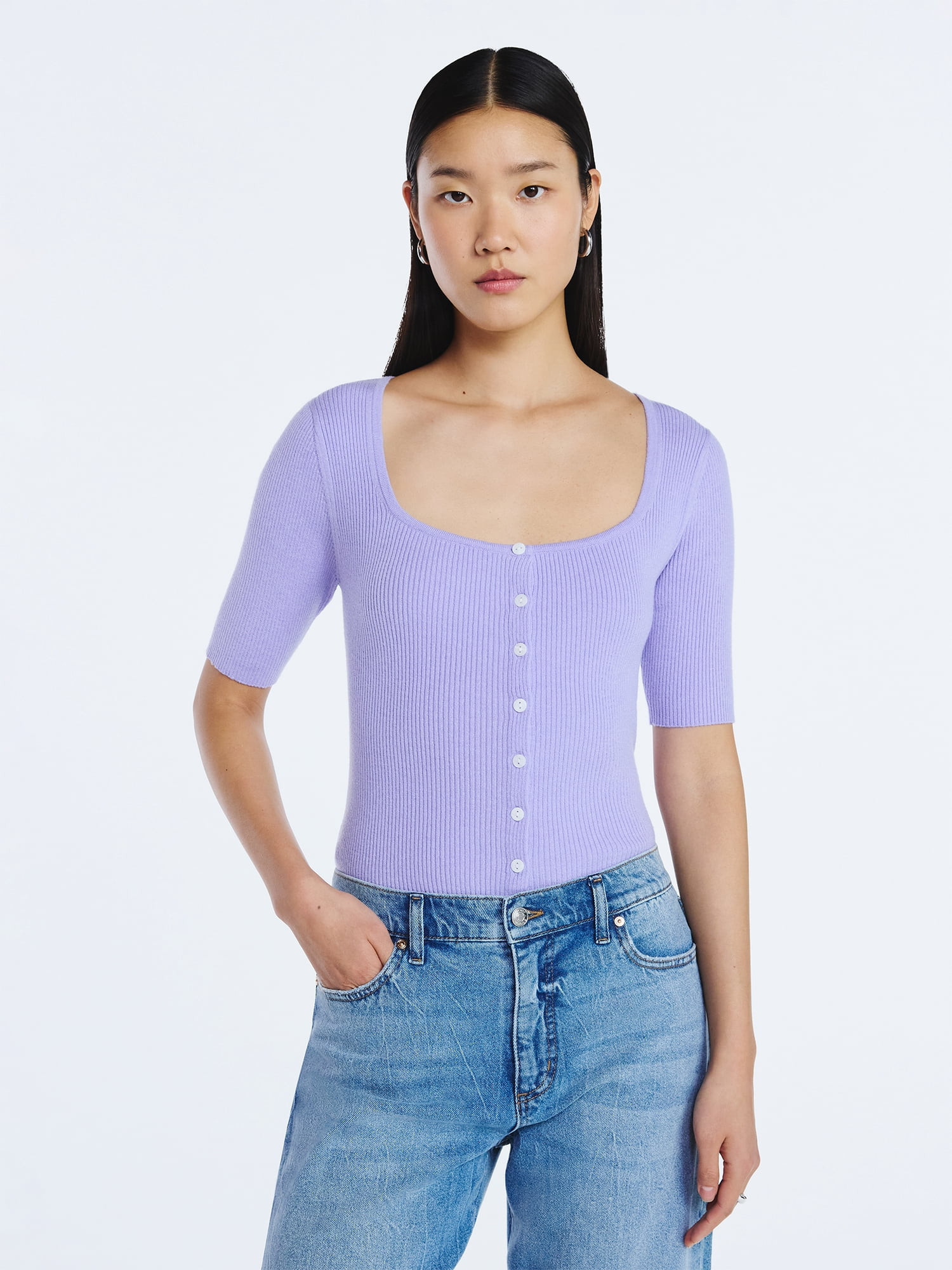 Scoop Women's Square Neckline Cardigan Sweater with Short Sleeves, Lightweight, Sizes XS-XXL | Walmart (US)