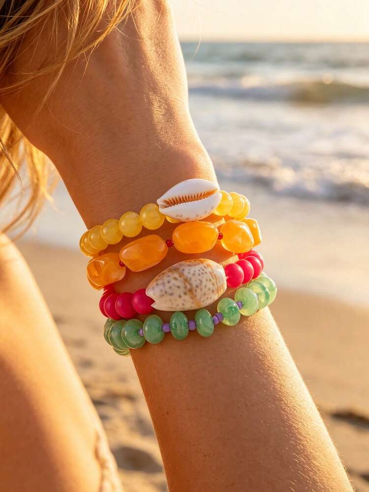 4pcs/Set Bohemian Style Colorful Beaded Elastic Bracelets, Summer Beach Style Resin Bead & Shell ... | SHEIN