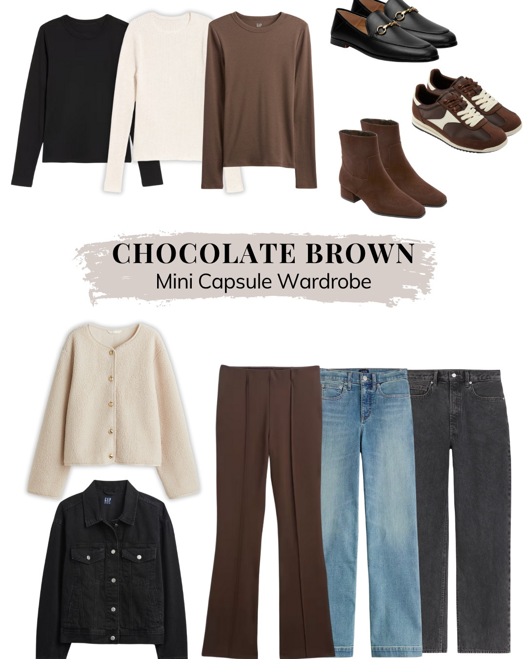 Chocolate Brown Mini Capsule Wardrobe from yesterday’s Reel 🤎 Swipe right to see a few outfits from this capsule.  Go to the blog post for all the shopping links and all outfits.

Sweater, tee, t-shirt, denim jacket, fleece teddy jacket, chocolate brown, black, pants, wide leg jeans, booties, boots, loafers, suede sneakers
