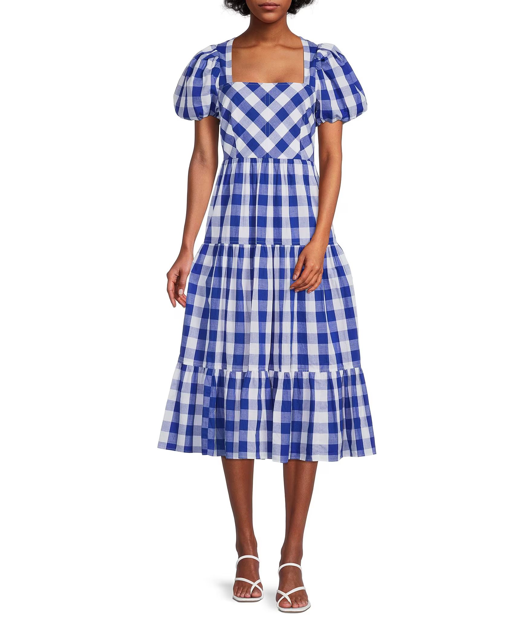 Amara Short Puff Sleeve Square Neck Gingham Tiered Flounce Hem A-Line Midi Dress | Dillard's