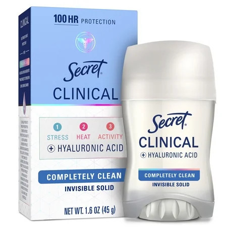 Secret Clinical Antiperspirant Deodorant for Women, 100HR Sweat & Odor Protection, Hyaluronic Acid, Invisible Solid, Completely Clean, 1.6 oz | Walmart (US)