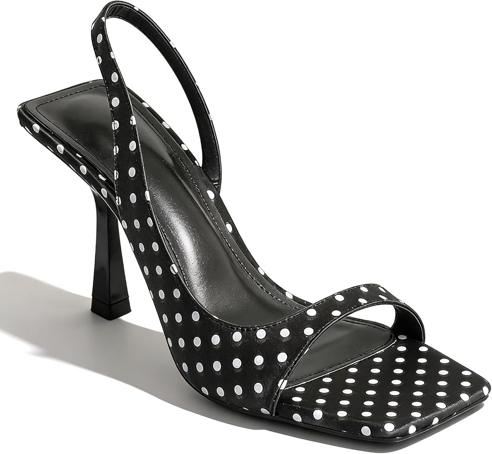 Womens Polka Dot Slingback Stiletto Sandals Comfort Slip On Opened Square Toe High Kitten Heel Mu... | Amazon (US)