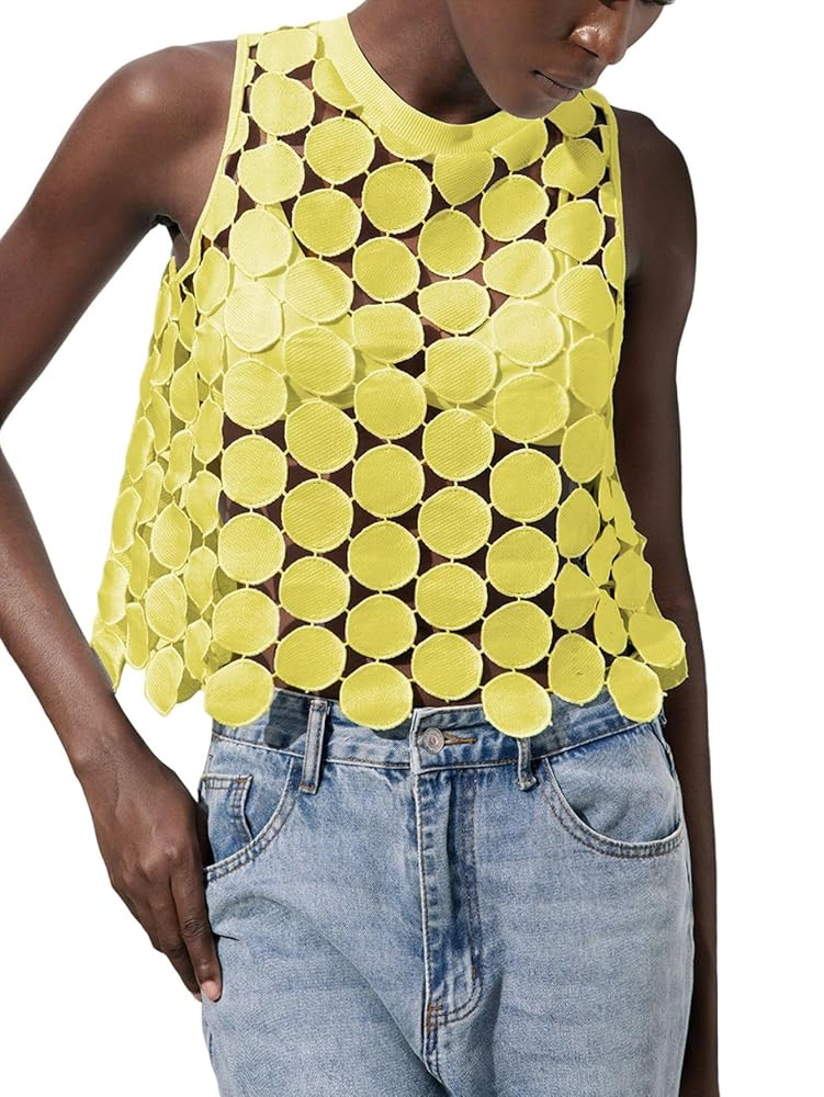 SHENHE Women's Asymmetrical Vest Top See Through Circular Embroidered Crew Neck Sleeveless Vest C... | Amazon (US)